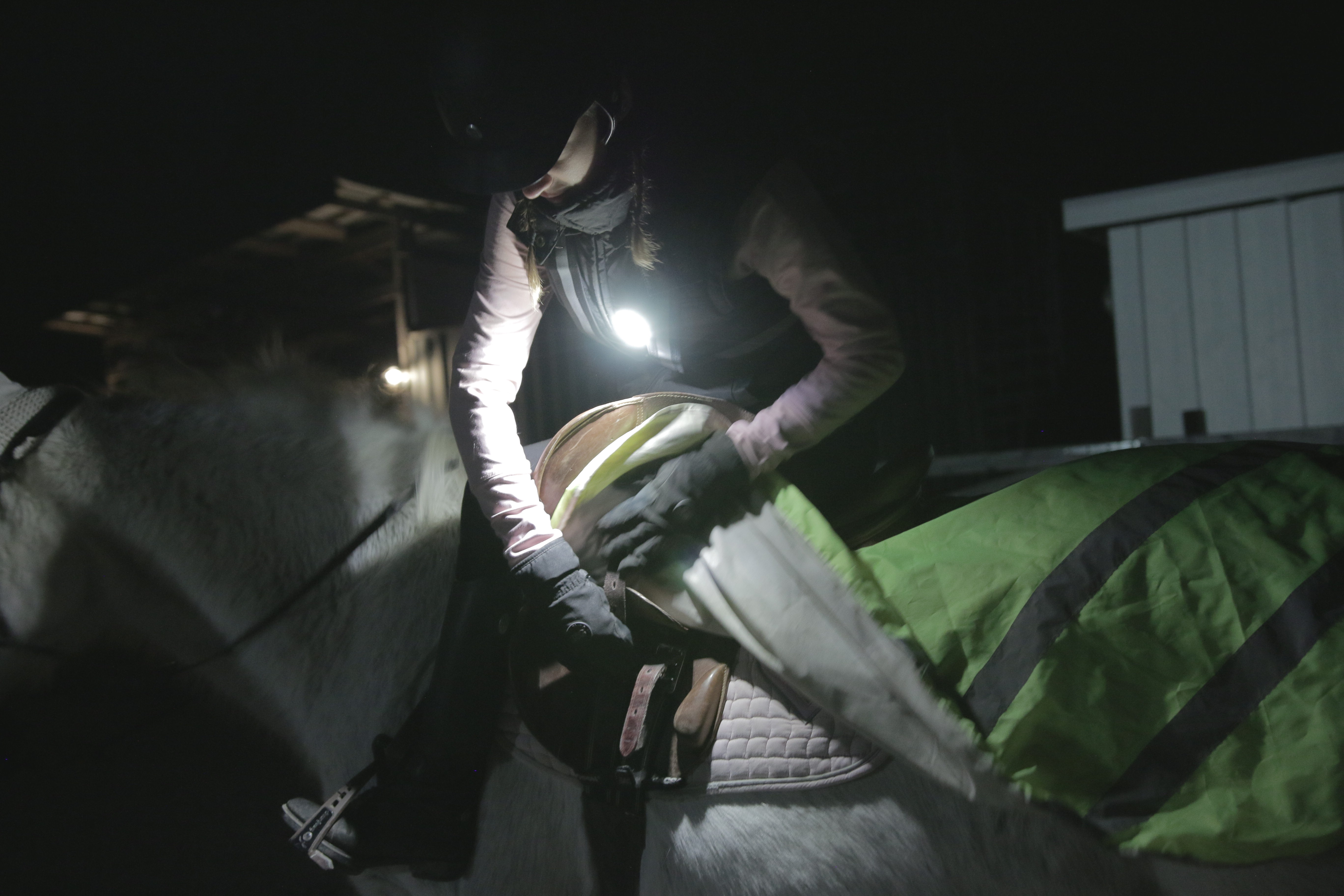 Rider adjusting a hi-vis rug on a horse in the stable yard at night, lit by a LightPlus headlamp