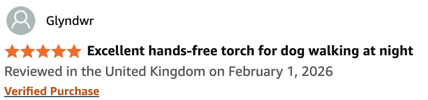 5-star review by Glyndwr titled 'Excellent hands-free torch for dog walking at night'